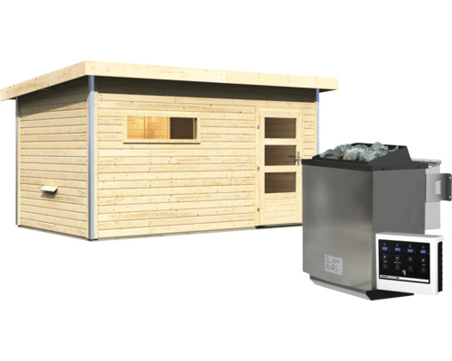 Gartensauna aus Holz mit Pultdach, Fenster und Tür sowie einem dazu passenden elektrischen Saunaofen mit Saunasteinen und Steuergerät.