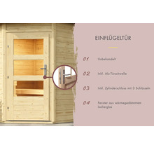 Einflügeltür für Gartenhaus aus unbehandeltem Holz mit Aluminium Türschwelle, Zylinderschloss und wärmegedämmtem Isolierglas.