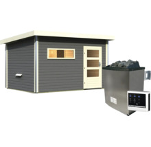 Gartensauna aus Holz mit Pultdach, Fenster und Tür sowie einem elektrischen Saunaofen mit externer Steuerung.