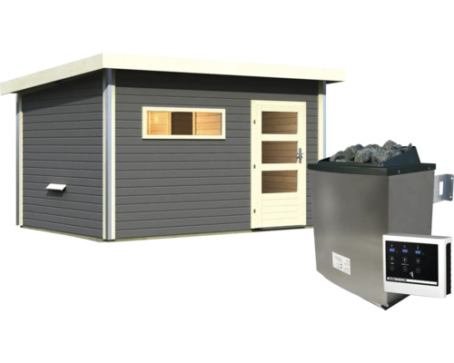Gartensauna aus Holz mit Pultdach, Fenster und Tür sowie einem elektrischen Saunaofen mit externer Steuerung.