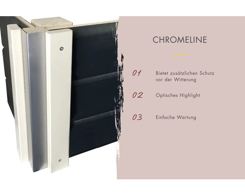 Eckverbindung Chromeline für Holzelemente mit Wetterschutz und dekorativer Optik.