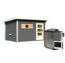 Moderne Gartensauna mit Flachdach und passendem Elektro Saunaofen mit Steuerung.