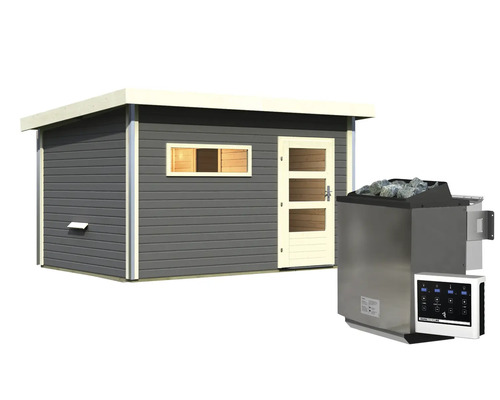 Moderne Gartensauna mit Flachdach und passendem Elektro Saunaofen mit Steuerung.