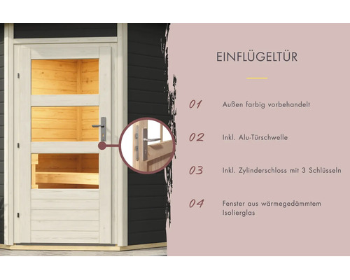 Gartenhaus Einflügeltür mit Isolierglas, Zylinderschloss und Aluminium Türschwelle, außen farbig vorbehandelt.