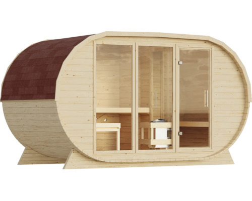 Moderne Fasssauna aus Holz mit zwei großen Glaselementen und einer verglasten Tür sowie Sitzbänken im Innenraum.