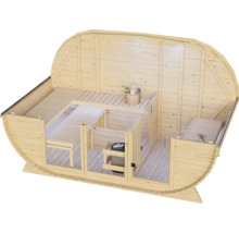 Fasssauna aus Holz mit Innenbereich, Saunabänken und Elektro-Saunaofen für den Garten.