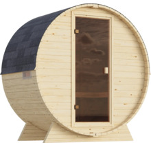 Fasssauna aus Holz mit Glastür und Dachschindeln für den Garten