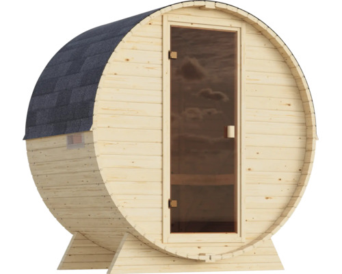 Fasssauna aus Holz mit Glastür und Dachschindeln für den Garten
