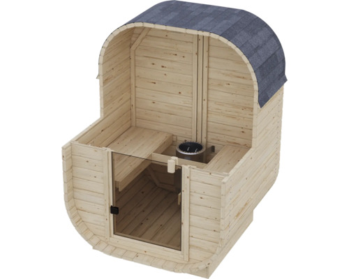Fasssauna aus Holz mit Glasfront und eingebautem Ofen für den Garten.