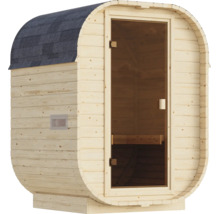Fasssauna aus Holz mit Glastür und Bitumendachschindeln für den Gartenbereich.