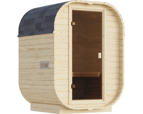 Fasssauna aus Holz mit Glastür und Bitumendachschindeln für den Gartenbereich.