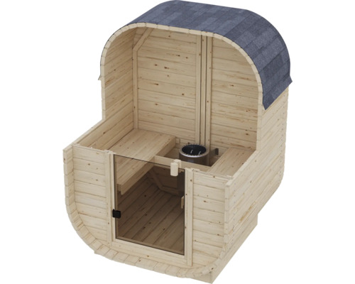 Fasssauna aus Holz mit Glasfront und Saunahofen im Innenraum inklusive gewölbtem Dach.
