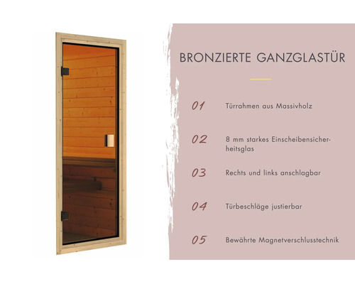 Bronzierte Sauna Ganzglastür mit Massivholzrahmen, 8 Millimeter Einscheibensicherheitsglas, justierbaren Beschlägen und Magnetverschluss.