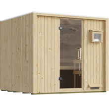 Moderne Heimsauna aus Massivholz mit einer verglasten Tür und einem externen digitalen Steuergerät zur Temperaturregelung.