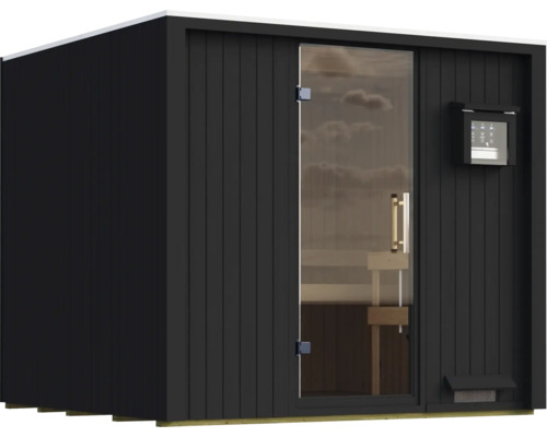 Moderne Gartensauna mit Glasfront und vertikaler Holzverkleidung für den Außenbereich