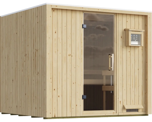 Moderne Elementsauna aus Fichtenholz mit Ganzglastür und digitaler Steuerung für den Innenbereich