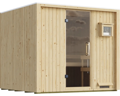 Moderne Elementsauna aus naturbelassenem Holz mit Ganzglastür und externer Steuerung