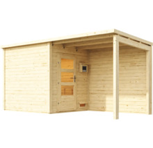 Gartenhaus aus Holz mit integriertem Saunabereich und überdachter Veranda mit Pultdach.