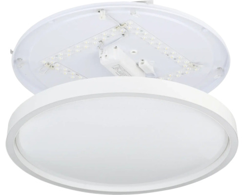 Runde LED-Deckenleuchte inklusive Innenansicht der LED-Module und montierter Abdeckung.