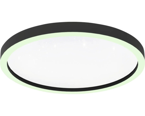 Runde LED-Deckenleuchte mit schwarzem Rahmen und weißer Leuchtfläche mit Sterneneffekt.
