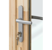 Aluminium-Türdrückergarnitur mit Langschild und Schlüssel an einer Holztür mit Glaseinsatz.
