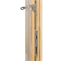 Fensterbeschlag aus Metall in einem Holzrahmen mit Scherenarm und Verriegelungsmechanismus.