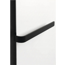Schwarzer Handtuchhalter aus Metall in minimalistischem Design zur seitlichen Montage an Heizkörpern oder Paneelen.