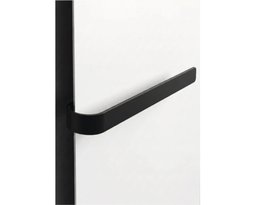 Schwarzer Handtuchhalter aus Metall in minimalistischem Design zur seitlichen Montage an Heizkörpern oder Paneelen.