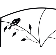 Detail einer Rankhilfe aus Metall mit Vogelmotiv auf einem Zweig.