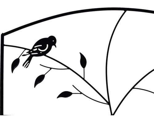 Detail einer Rankhilfe aus Metall mit Vogelmotiv auf einem Zweig.