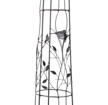 Rankhilfe aus Metall mit dekorativen Blättern und vögeln, Obelisk für Kletterpflanzen.