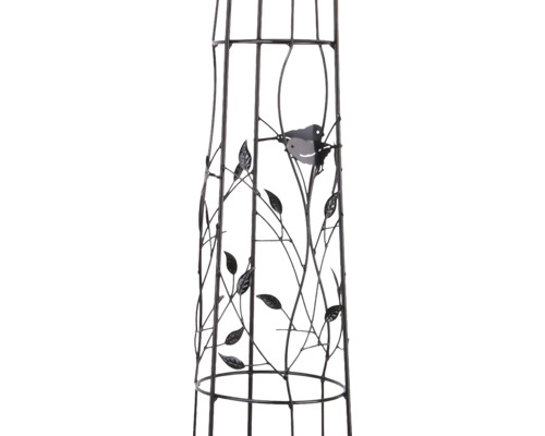 Rankhilfe aus Metall mit dekorativen Blättern und vögeln, Obelisk für Kletterpflanzen.
