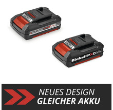 Zwei Einhell Power X-Change 18 Volt 2,0 Amperestunden Lithium-Ionen-Akkus im alten und neuen Gehäusedesign.