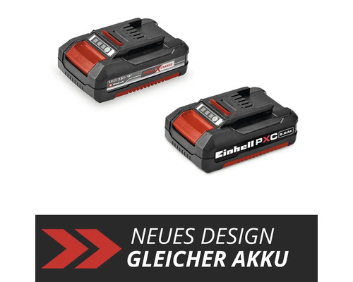 Zwei Einhell Power X-Change 18 Volt 2,0 Amperestunden Lithium-Ionen-Akkus im alten und neuen Gehäusedesign.