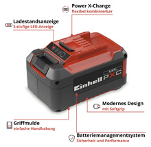 Einhell Power X-Change Akku 5,2 Amperestunden mit dreistufiger Ladestandsanzeige, Batteriemanagementsystem, Griffmulde und Softgrip.