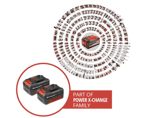 Zwei Einhell Power X-Change 18 Volt Akkus als Teil einer umfangreichen Auswahl an kompatiblen Werkzeugen und Gartengeräten.