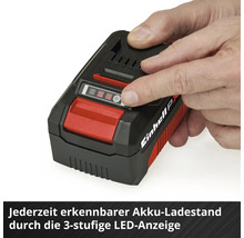 Einhell Akku mit 3-stufiger LED-Ladestandsanzeige, die durch Tastendruck aktiviert wird.
