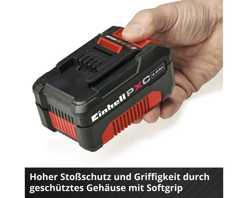 Einhell Akku Power X-Change mit 4,0 Amperestunden, stoßgeschütztes Gehäuse mit Softgrip für hohen Schutz und Griffigkeit.