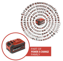 Einhell Power X-Change Akkumulator mit einer Übersicht zahlreicher kompatibler Werkzeuge und Gartengeräte des Systems.