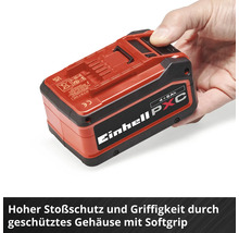 Einhell PXC Akku 4 bis 6 Amperestunden in Rot und Schwarz, stoßfestes Gehäuse mit Softgrip für gute Griffigkeit, gehalten in einer Hand.