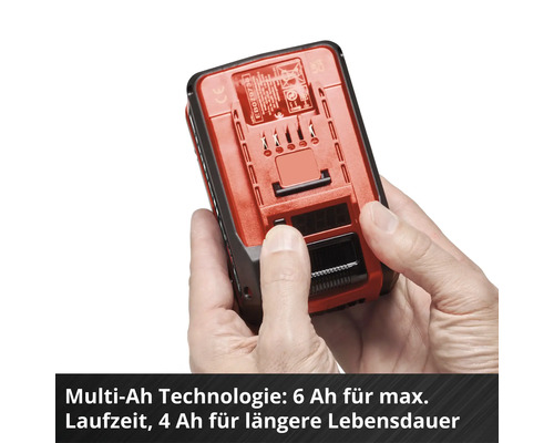 Ein Akku mit Multi-Ah Technologie für 6 Amperestunden maximale Laufzeit oder 4 Amperestunden für eine längere Lebensdauer.