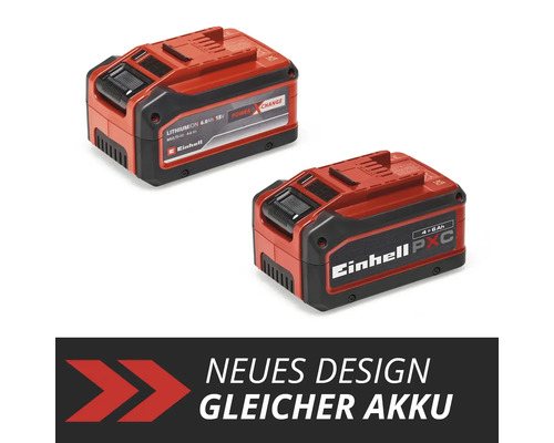 Zwei Einhell Power X-Change 18 Volt 4 bis 6 Amperestunden Lithium-Ionen Akkus im Vergleich: Neues Design, gleicher Akku.