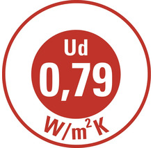 Ud-Wert von 0,79 Watt pro Quadratmeter Kelvin für den Wärmedurchgangskoeffizienten einer Tür.