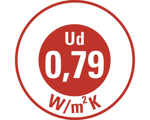 Ud-Wert von 0,79 Watt pro Quadratmeter Kelvin für den Wärmedurchgangskoeffizienten einer Tür.