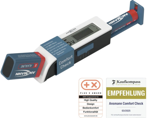 Ansmann Comfort Check Batterietester mit Digitalanzeige und Plus X Award sowie Kaufkompass Empfehlung Siegel
