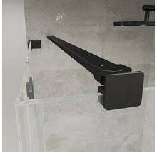 Schwarze Stabilisierungsstange für Duschtrennwände, Befestigung an Wand und Glas, eckige Ausführung, matte Optik.