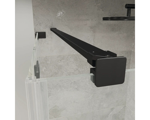 Schwarze Stabilisierungsstange für Duschtrennwände, Befestigung an Wand und Glas, eckige Ausführung, matte Optik.
