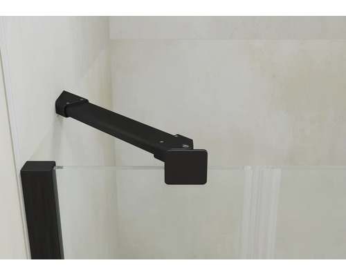 Schwarze, eckige Stabilisationsstange für Duschtrennwände zur Wandmontage an Glas, matte Oberfläche.