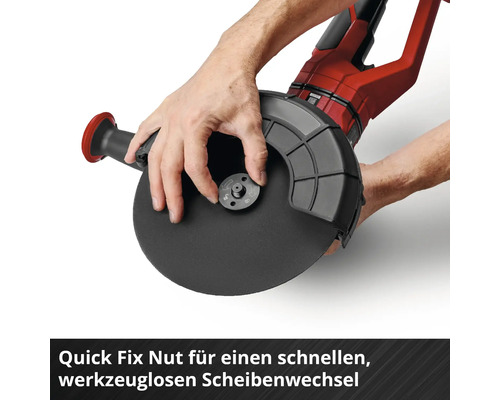 Winkelschleifer mit Quick Fix Nut für einen werkzeuglosen Scheibenwechsel durch einfaches Drehen von Hand.