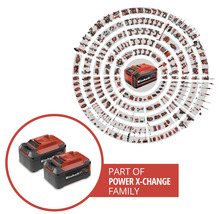Zwei Einhell Power X-Change Akkus und eine Auswahl kompatibler Werkzeuge und Gartengeräte aus dem Power X-Change System.